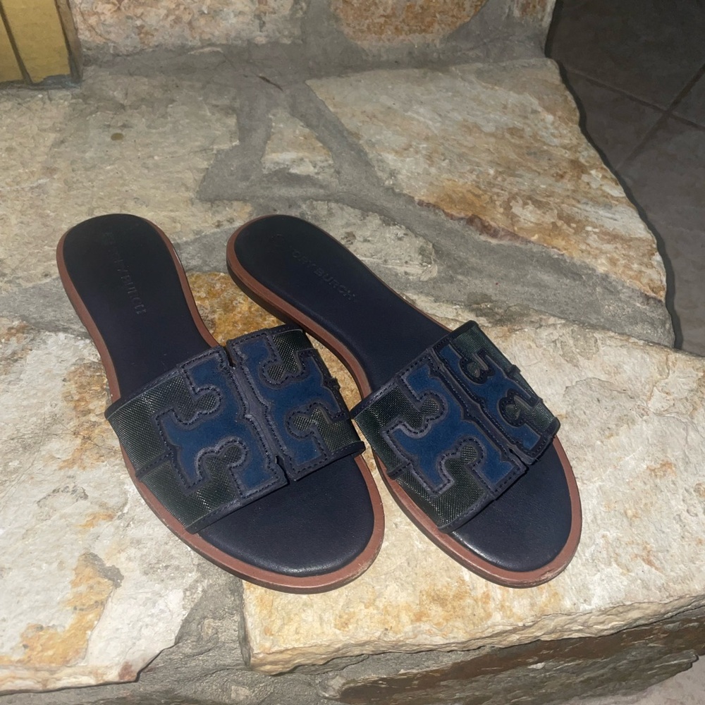 Navy Blue Open Toe Sandals with Flat Sole and Large H Design